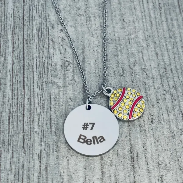 Personalized Engraved Softball Rhinestone Necklace