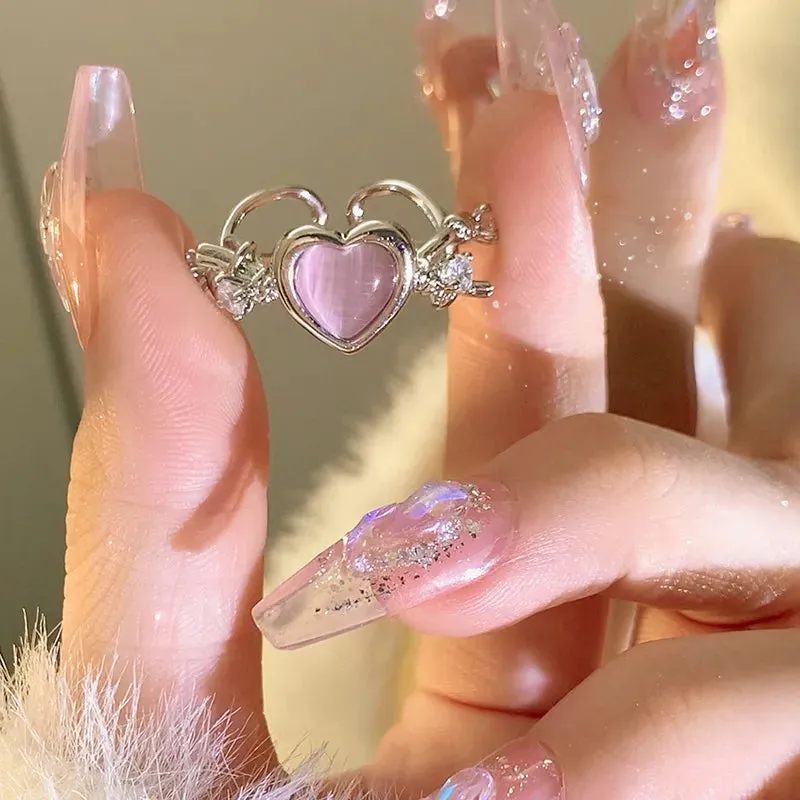 Pink Love Heart Rings for Women Opening Personality Thorn Finger Ring Fashion Sweet Girls Jewelry Wedding Party Accessories 2023