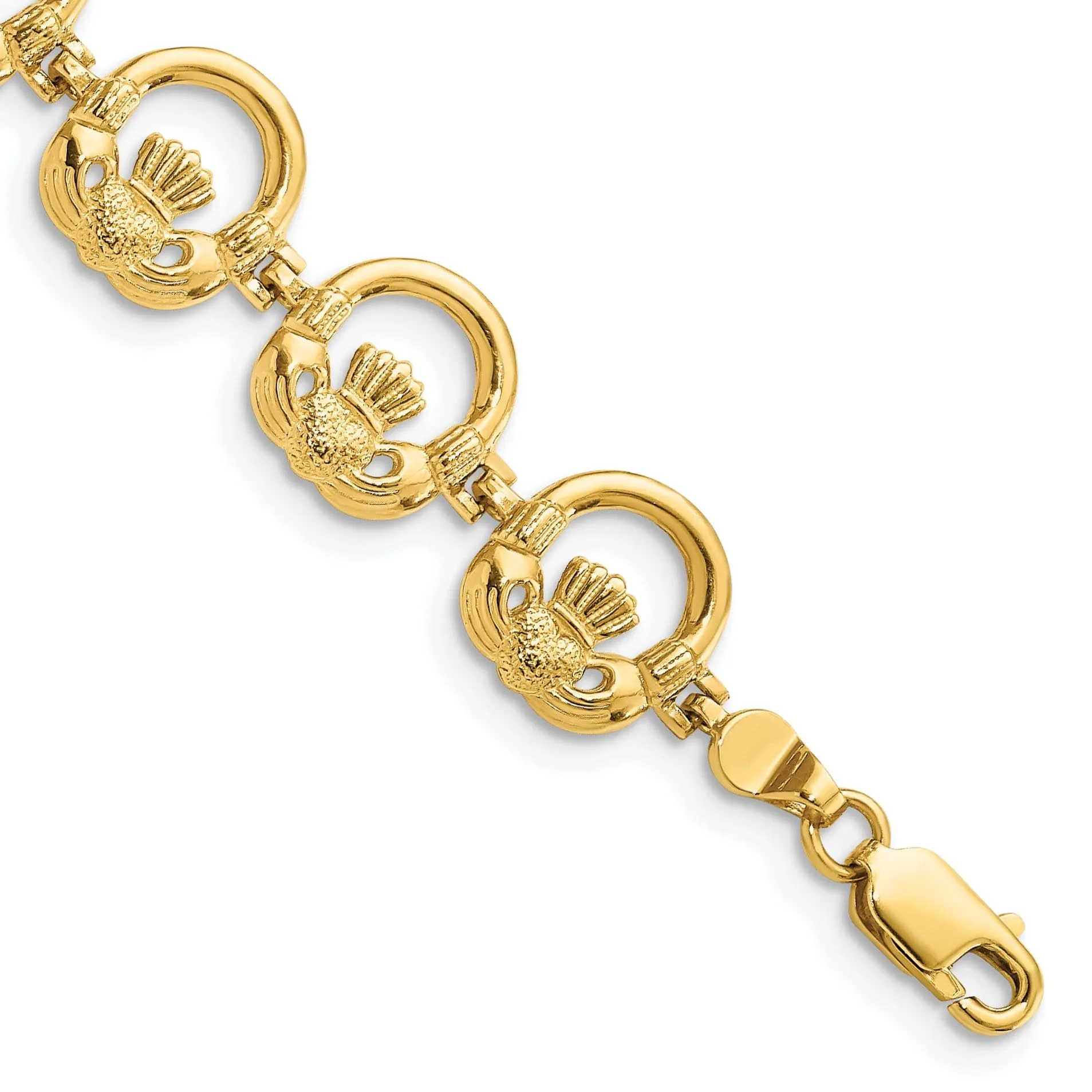 Polished 14k Gold Claddagh Bracelet - 10.4mm Width, 7.25" Length