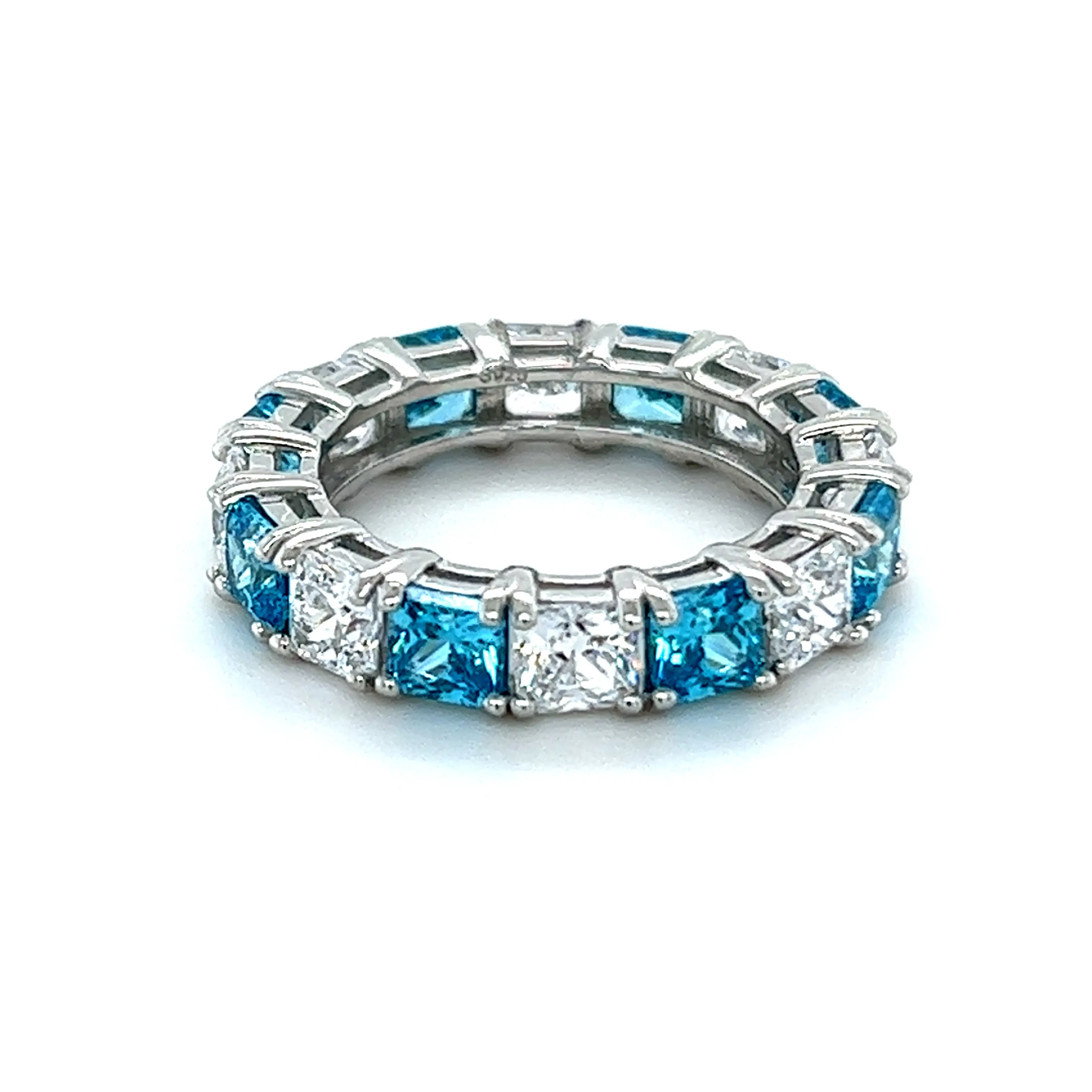 Princess Cut Aqua and White Eternity Ring