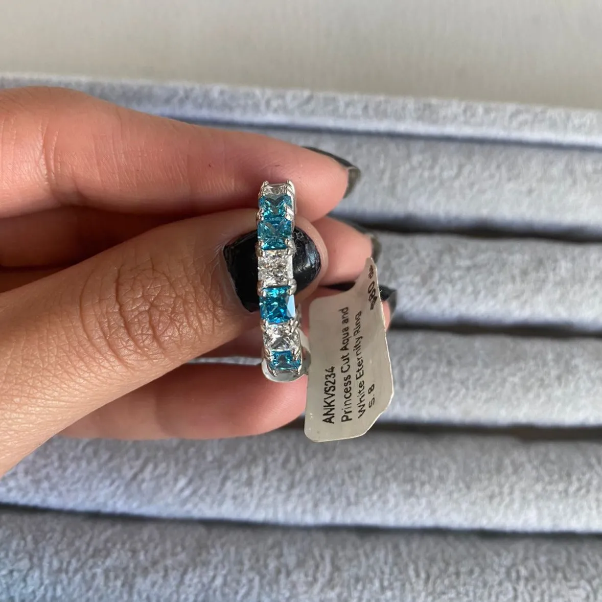 Princess Cut Aqua and White Eternity Ring