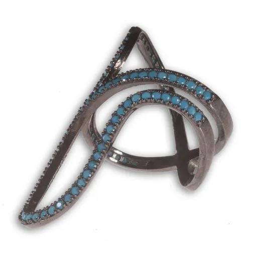 Rhodium Plated Silver Long Ring With Turquoise Cubic Zirconia