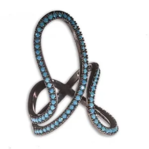 Rhodium Plated Silver Long Ring With Turquoise Cubic Zirconia