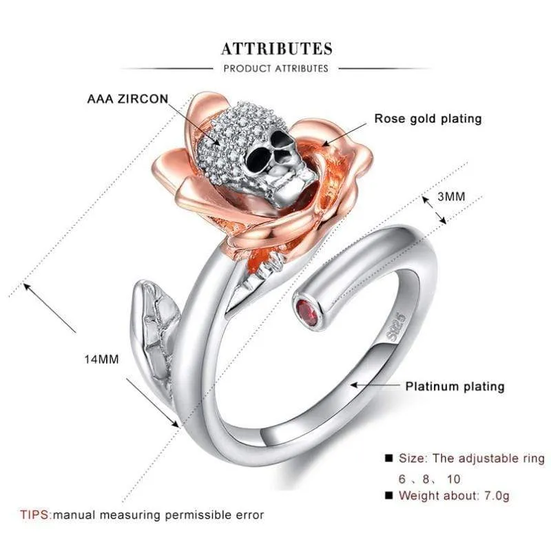 Rose Rising Skull Silver and Copper AAA Zircon Ring