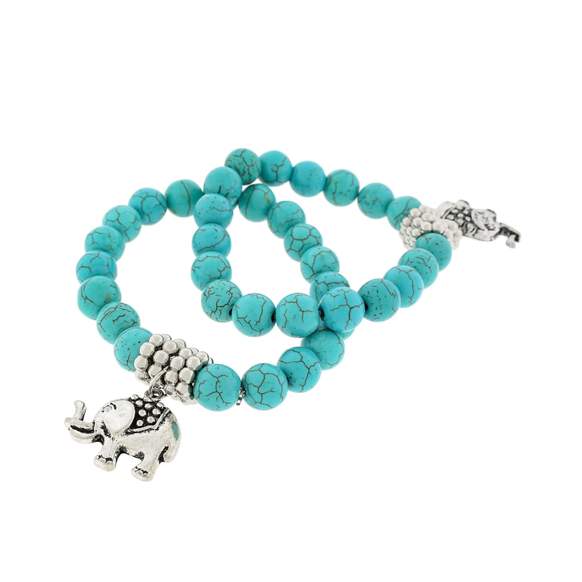 Round Synthetic Howlite Bead Bracelet 55mm - Turquoise with Elephant Charm - 1 Bracelet - BB240