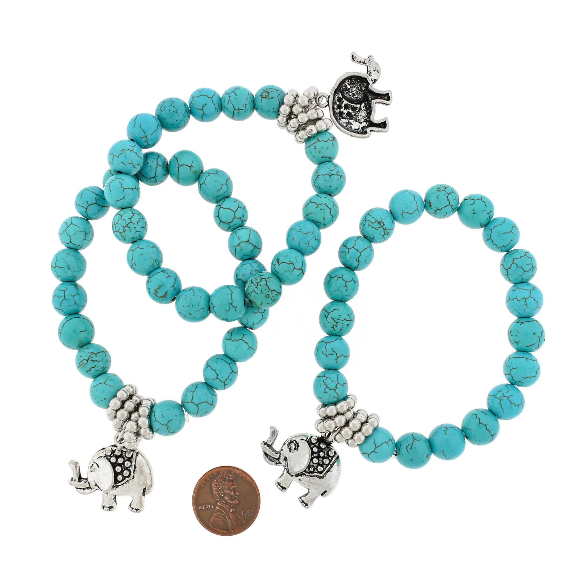 Round Synthetic Howlite Bead Bracelet 55mm - Turquoise with Elephant Charm - 1 Bracelet - BB240