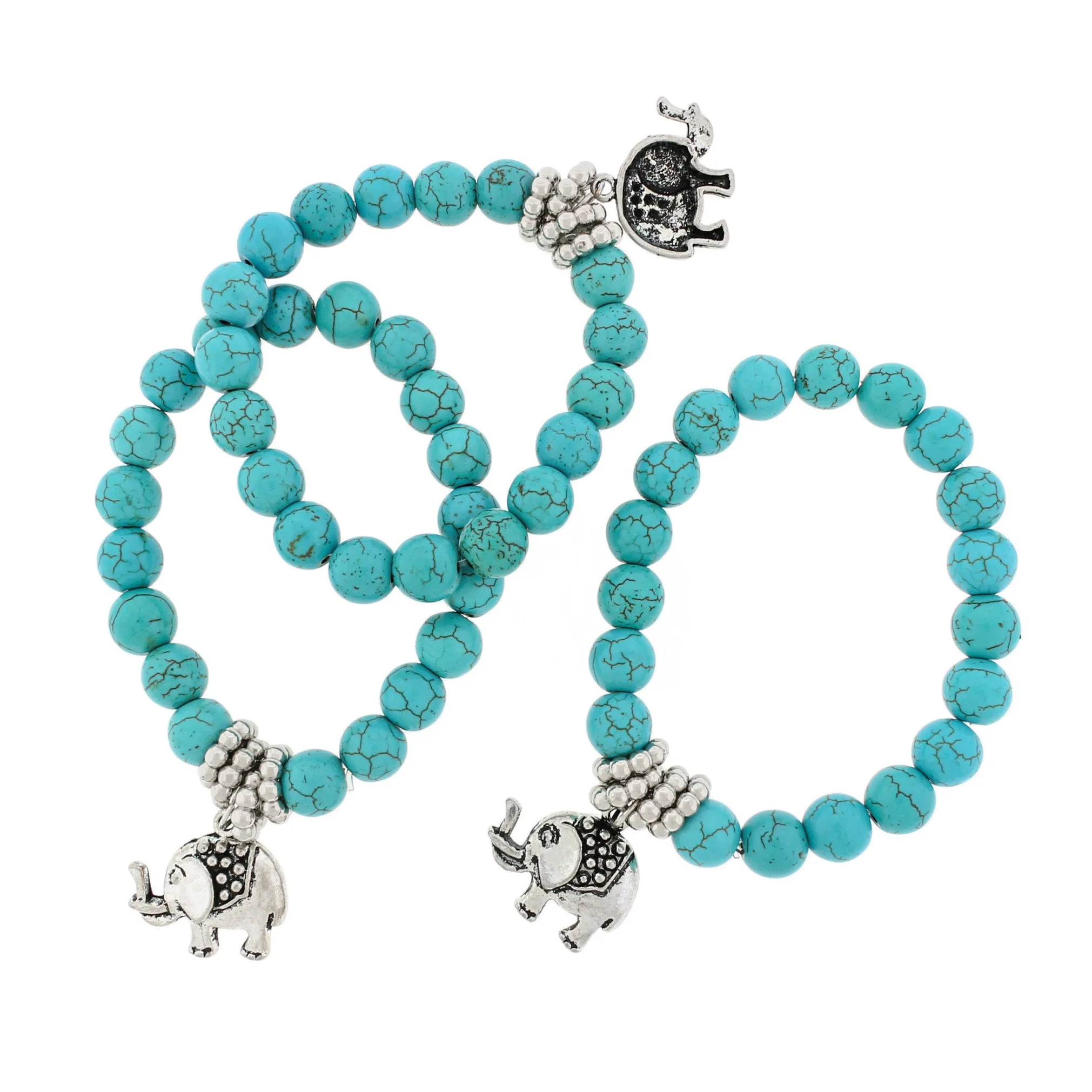 Round Synthetic Howlite Bead Bracelet 55mm - Turquoise with Elephant Charm - 1 Bracelet - BB240