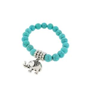 Round Synthetic Howlite Bead Bracelet 55mm - Turquoise with Elephant Charm - 1 Bracelet - BB240