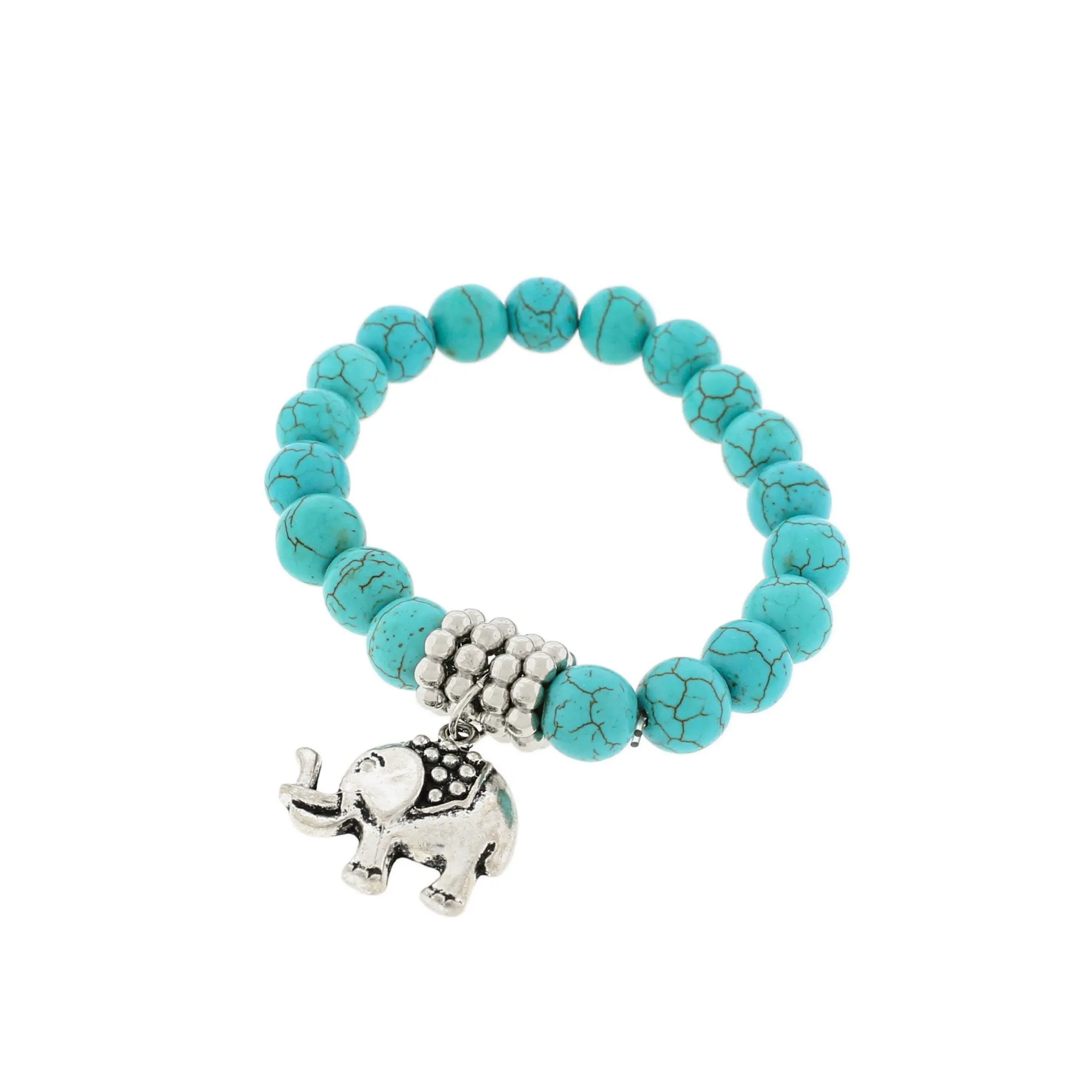 Round Synthetic Howlite Bead Bracelet 55mm - Turquoise with Elephant Charm - 1 Bracelet - BB240