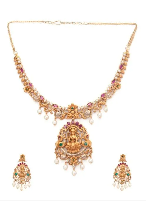 Rubans Gold-Plated multicolor CZ studded temple Jewellery Set