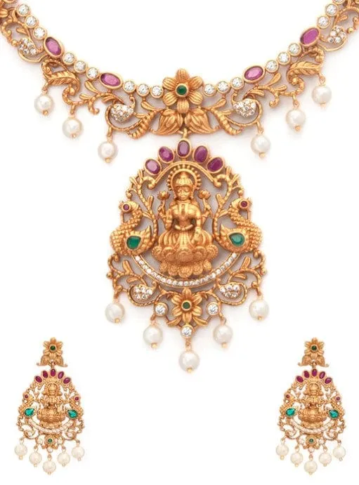 Rubans Gold-Plated multicolor CZ studded temple Jewellery Set