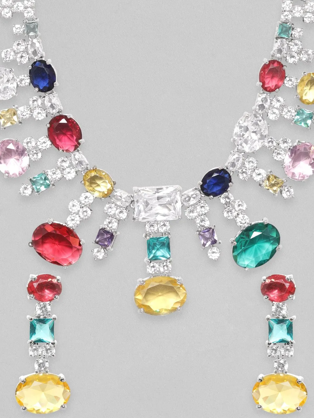 Rubans Rhodium Plated Multicolour Premium Zirconia Necklace Set