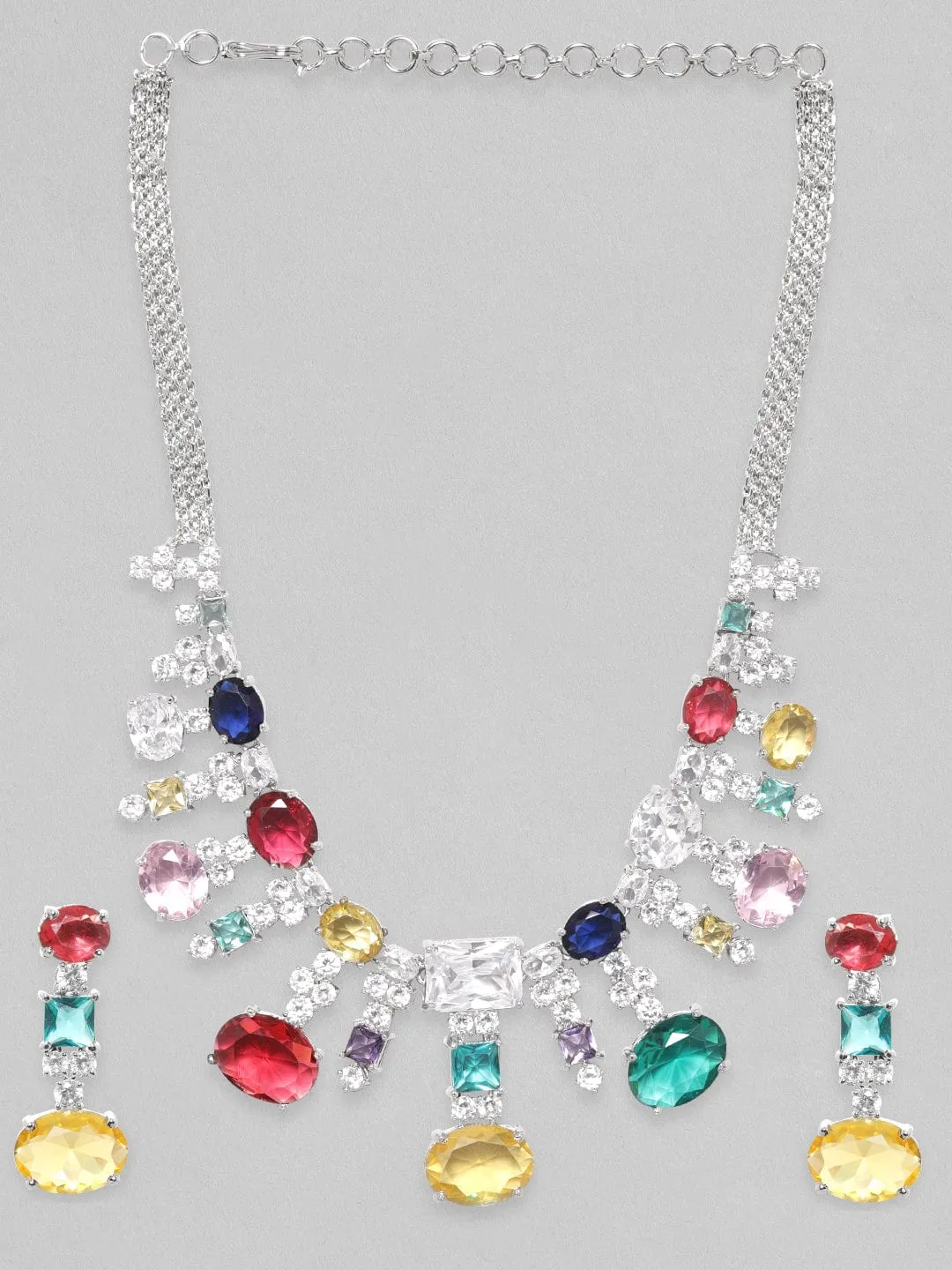 Rubans Rhodium Plated Multicolour Premium Zirconia Necklace Set