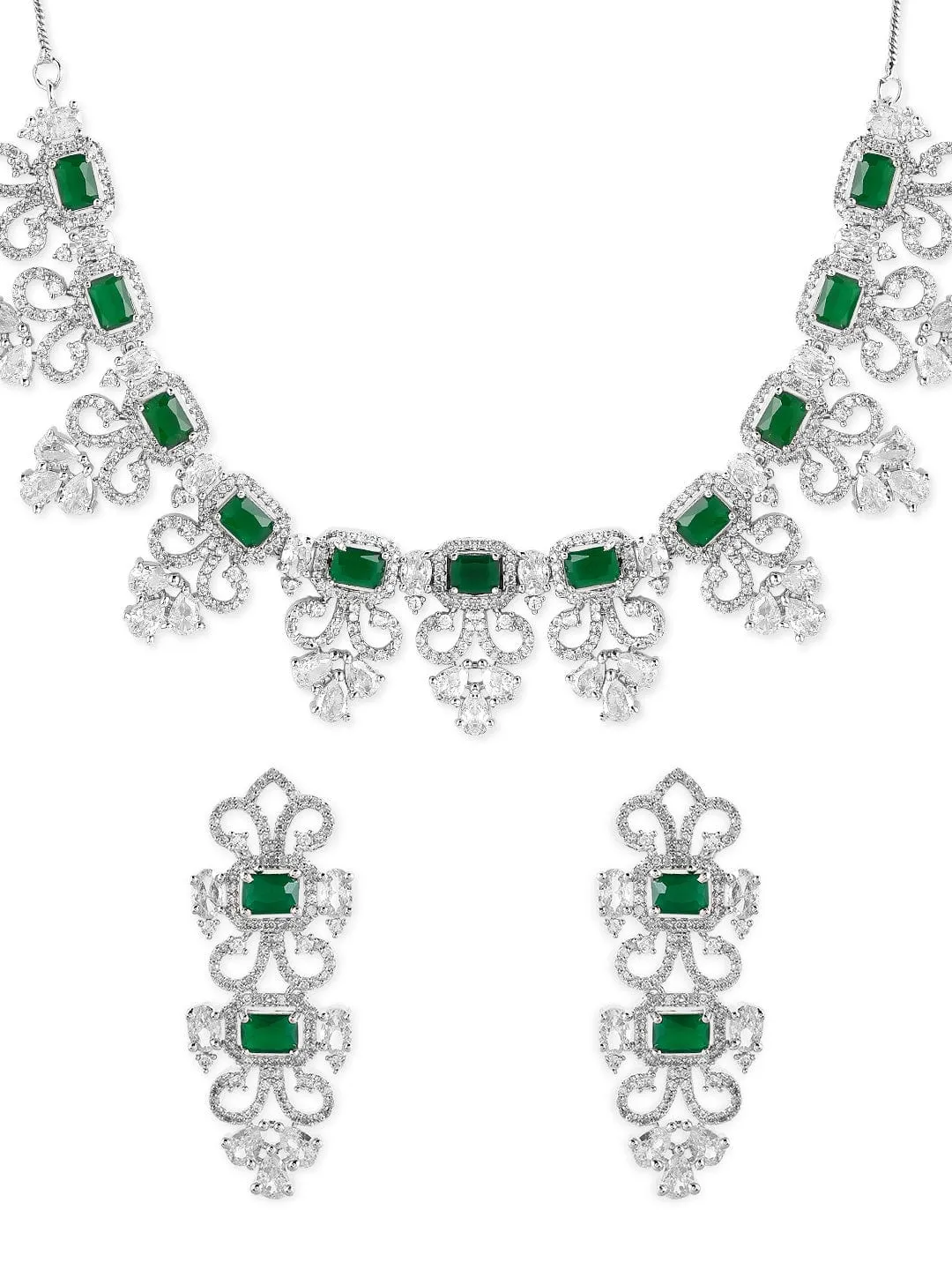 Rubans Silver Plated Green Emerald AD Studded Necklace Set.