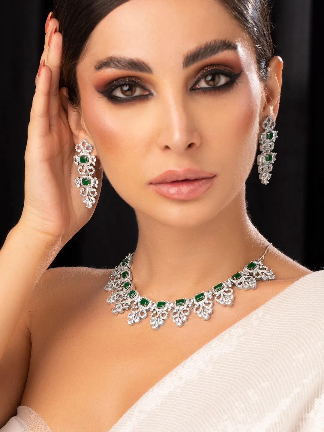 Rubans Silver Plated Green Emerald AD Studded Necklace Set.