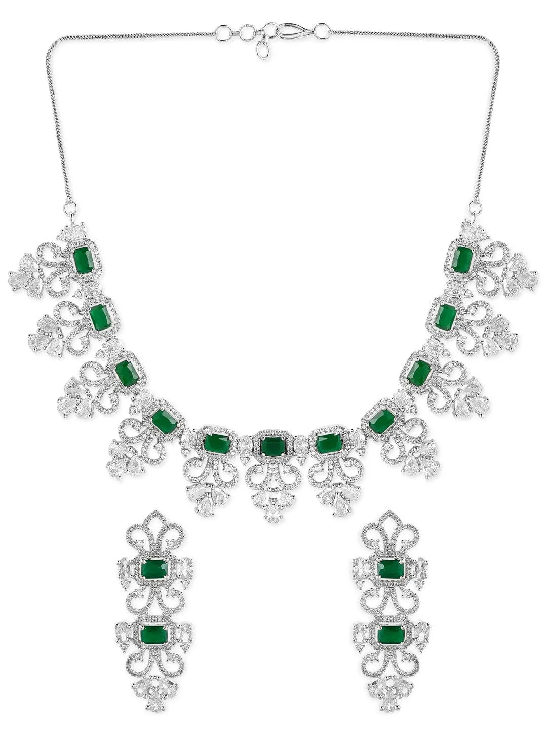 Rubans Silver Plated Green Emerald AD Studded Necklace Set.