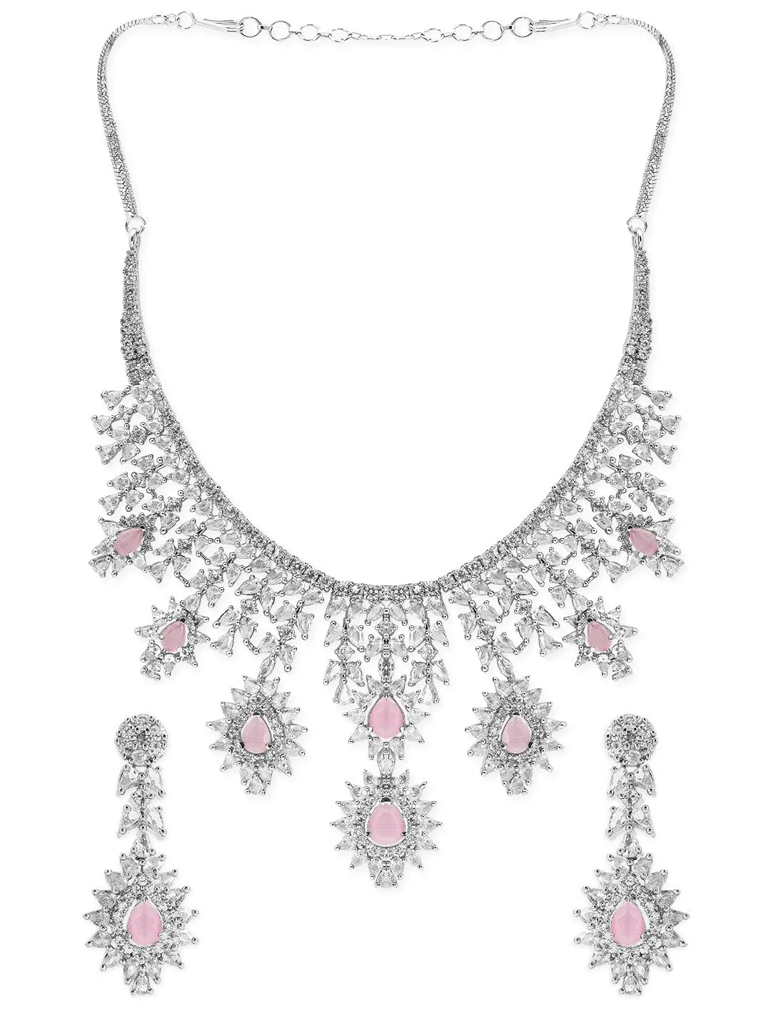 Rubans Silver Plated Handcrafted Pink AD Stone Studded Necklace Set.