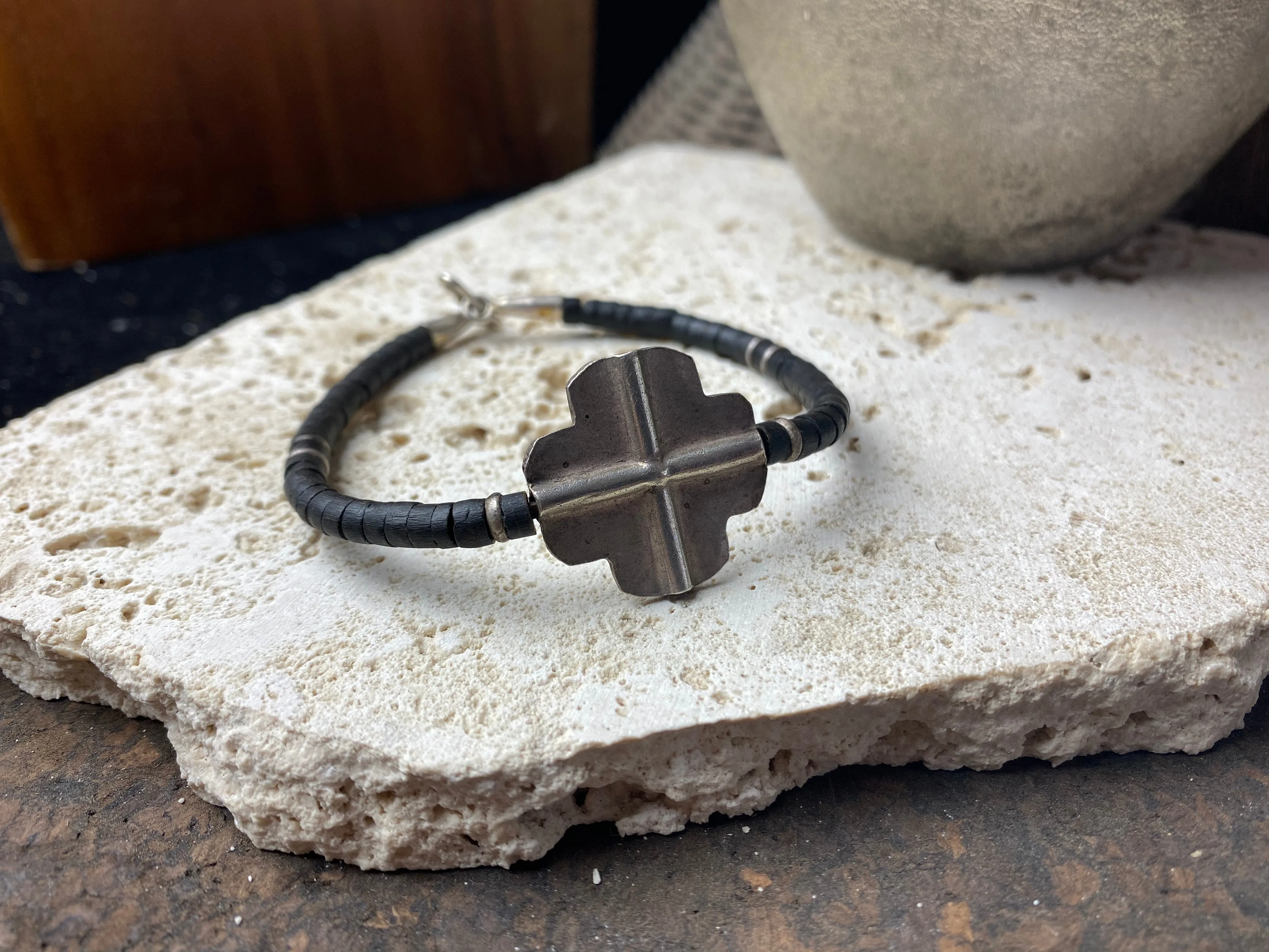 Silver Cross And Wood Bracelet