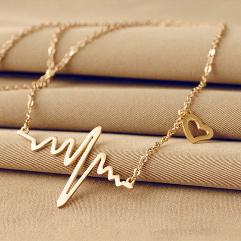 Simple Wave Heart Necklace Chic ECG Heartbeat Gold Plated Pendant Charm Lightning Necklace for Women Vintage Jewelry Accessories