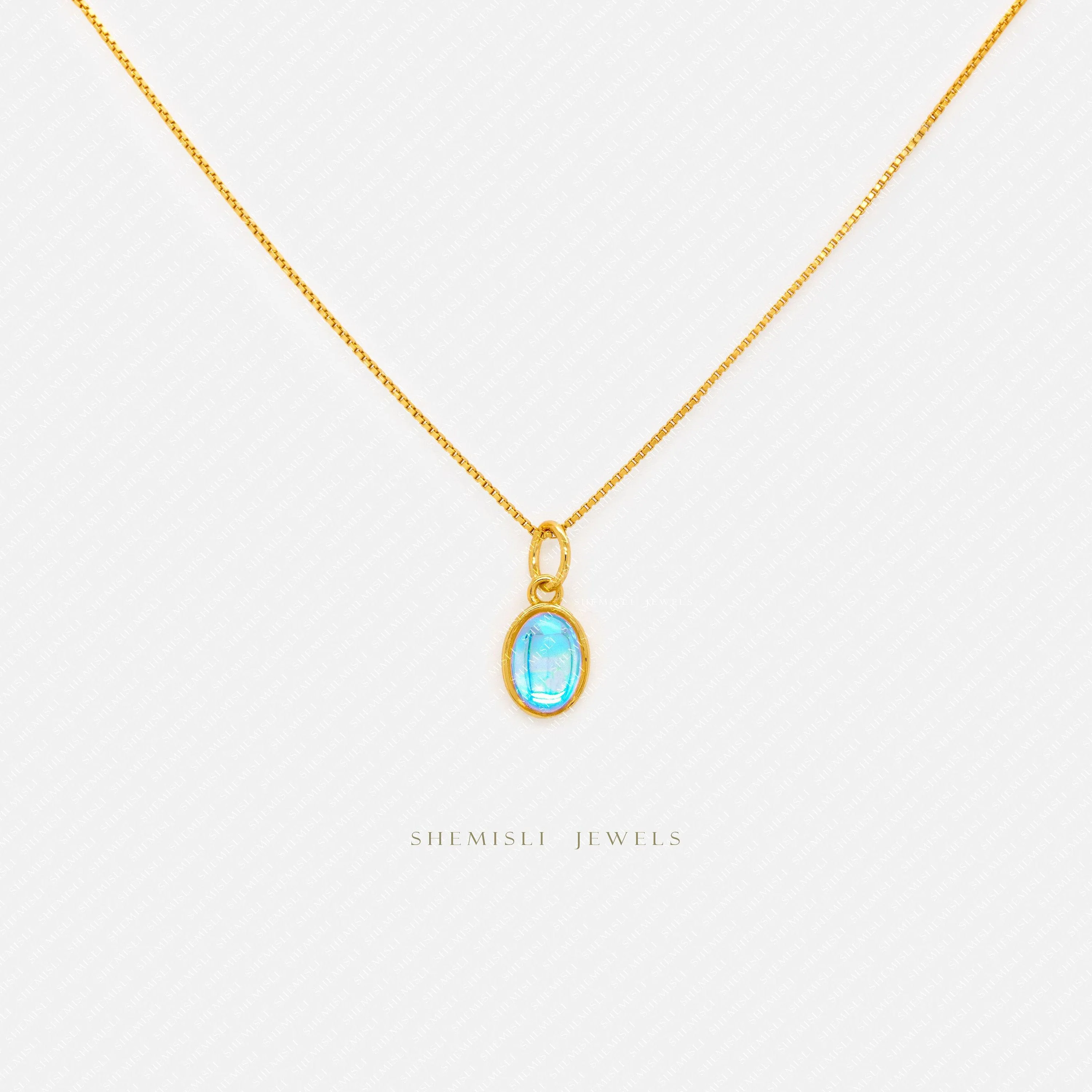 Small Aqua Stone Oval Necklace, Silver or Gold Plated  (15.5" 2") SHEMISLI - SN009