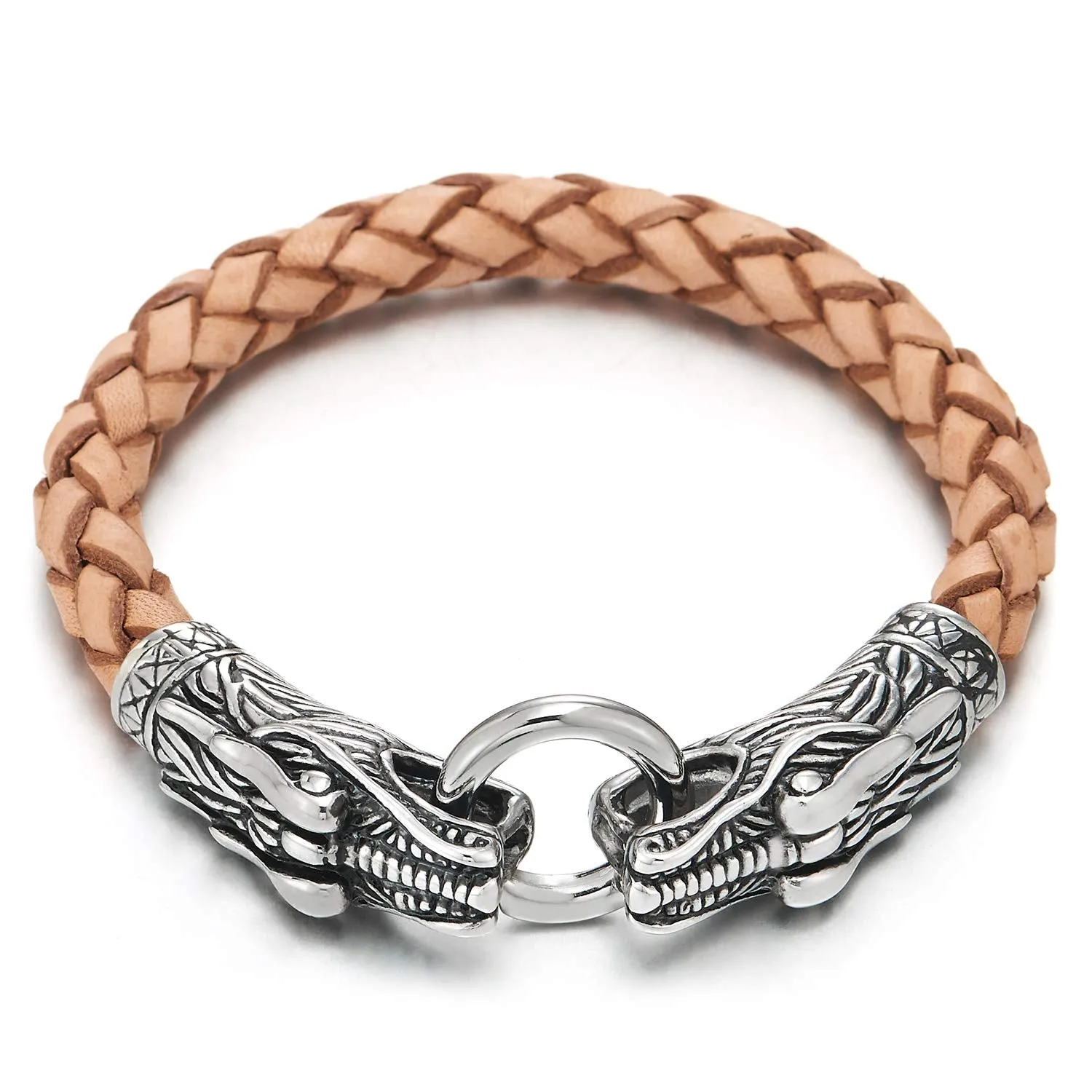 Stainless Steel Mens Dragon Bangle Bracelet Genuine Braided Leather Wristband Silver Black Two-Tone