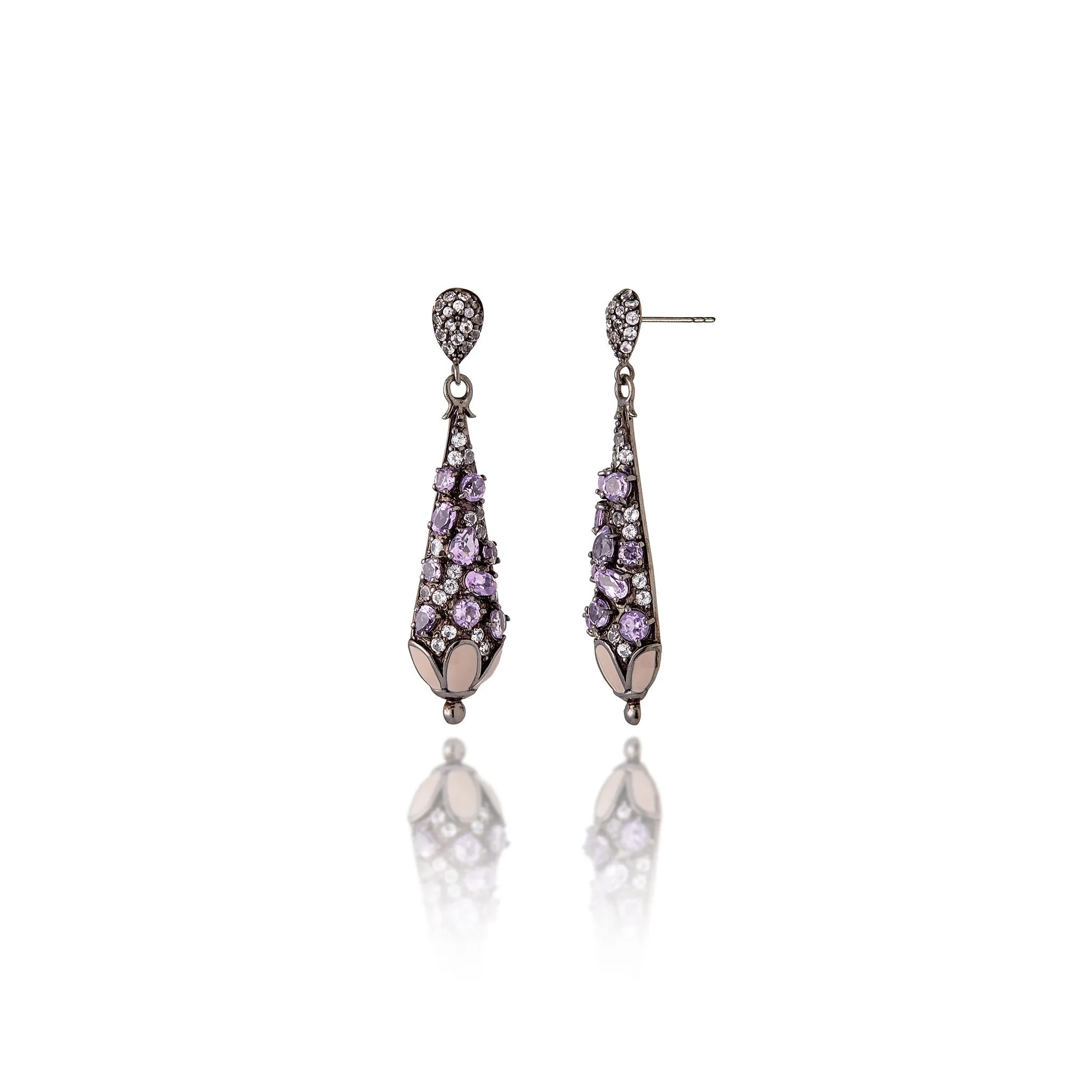 Sterling Silver Statement Earrings with Pale Pink Enamel, White Topaz & Amethyst