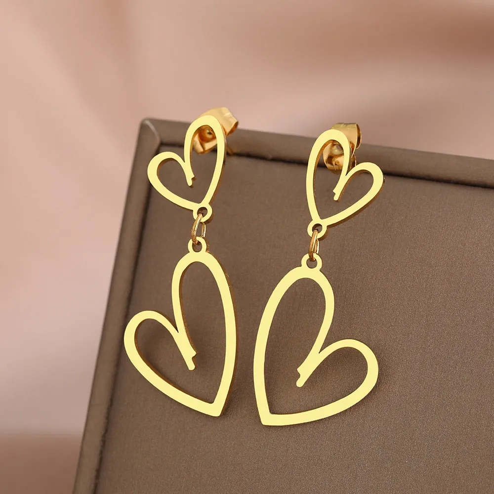 Sweet Jewelry Double Heart Stud Earrings For Women in Gold Color and Silver Color