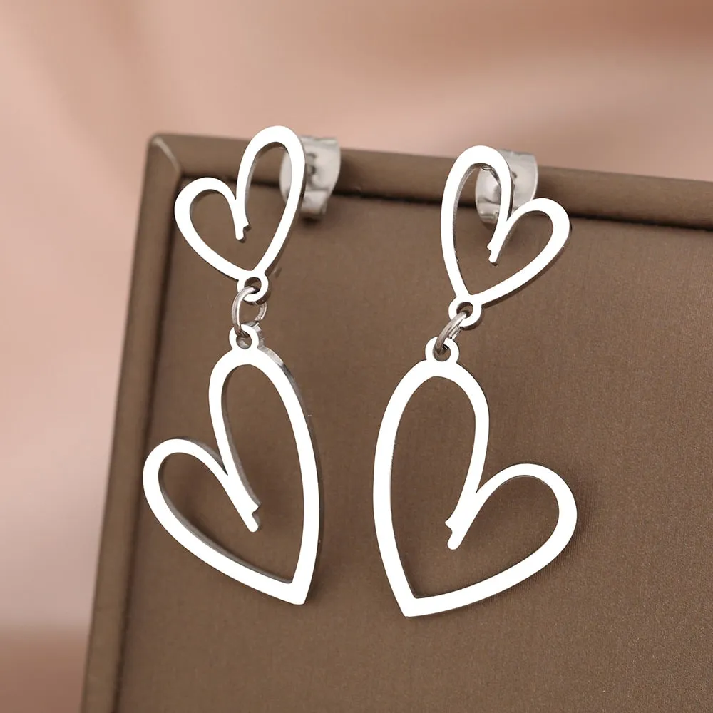 Sweet Jewelry Double Heart Stud Earrings For Women in Gold Color and Silver Color