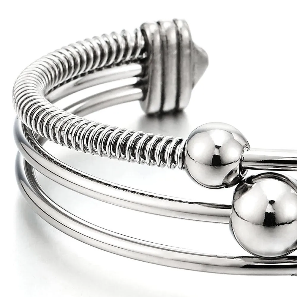 Three-Row Women's Stainless Steel Adjustable Open Cuff Bangle Bracelet with Cable and Ball Charms