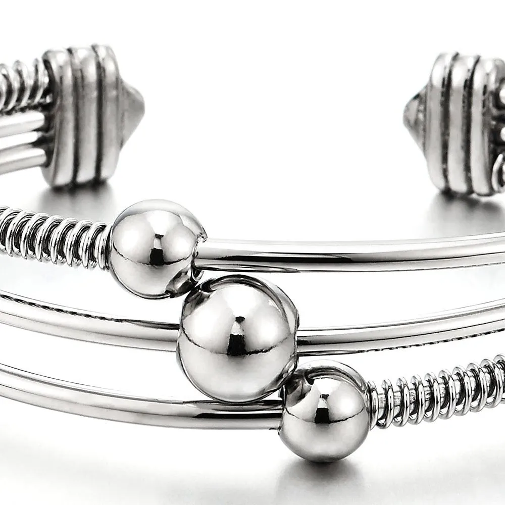 Three-Row Women's Stainless Steel Adjustable Open Cuff Bangle Bracelet with Cable and Ball Charms