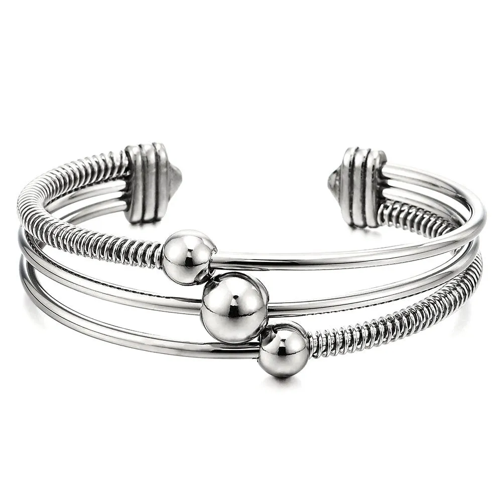 Three-Row Women's Stainless Steel Adjustable Open Cuff Bangle Bracelet with Cable and Ball Charms