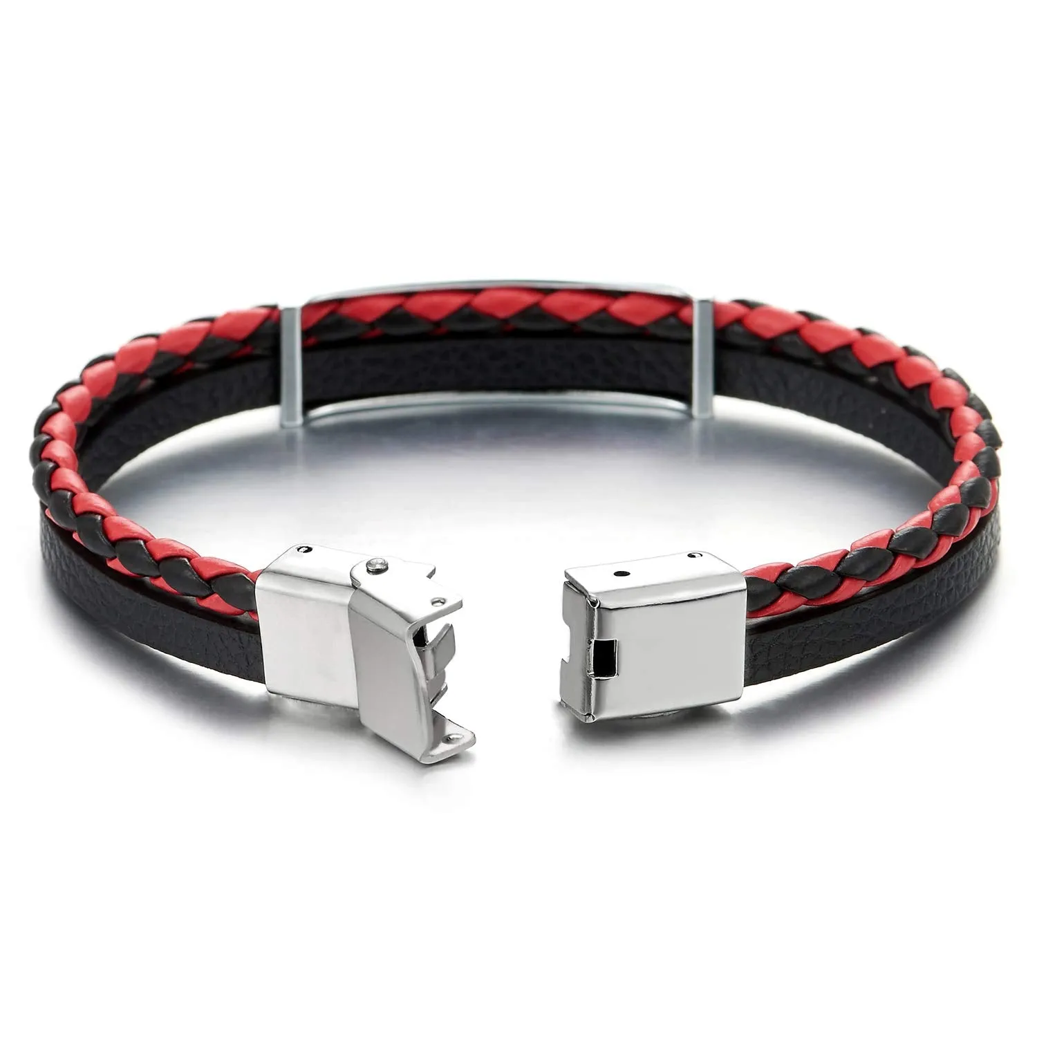 Two-Row Black Red Braided Leather Bangle Bracelet with Steel Silver Black Star ID Identification