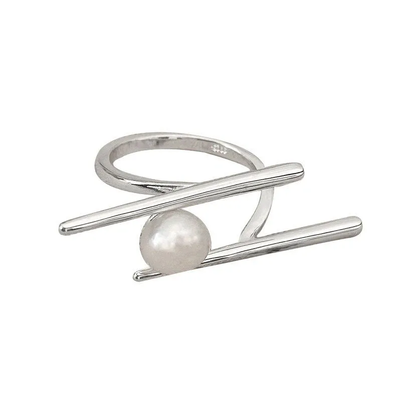 VAIGE Trendy Silver Pearl Geometric Rings - Handmade Cubic Zirconia Jewelry for Anniversary and Party Gifts