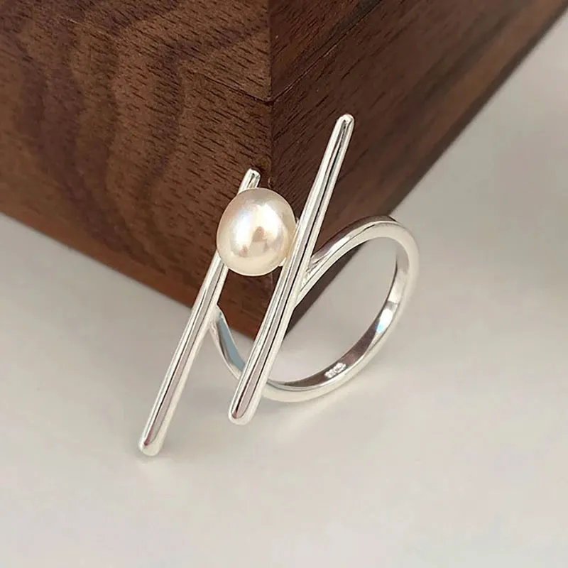 VAIGE Trendy Silver Pearl Geometric Rings - Handmade Cubic Zirconia Jewelry for Anniversary and Party Gifts