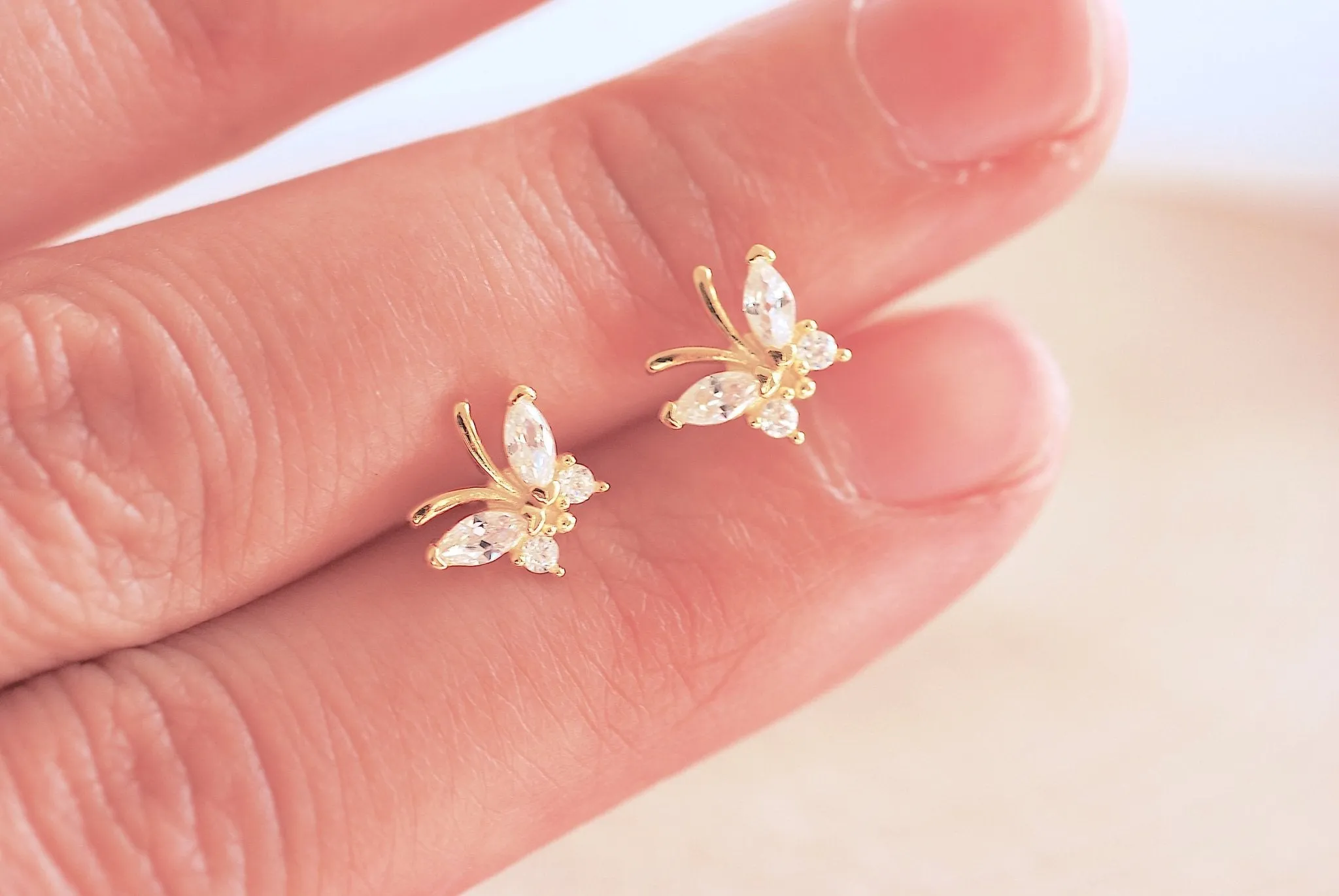 Wholesale 1 pair or Single Stud Gold Butterfly Stud Earrings - Vermeil Gold 925 Sterling Silver CZ Butterfly Stud earrings ball Backing Minimalist