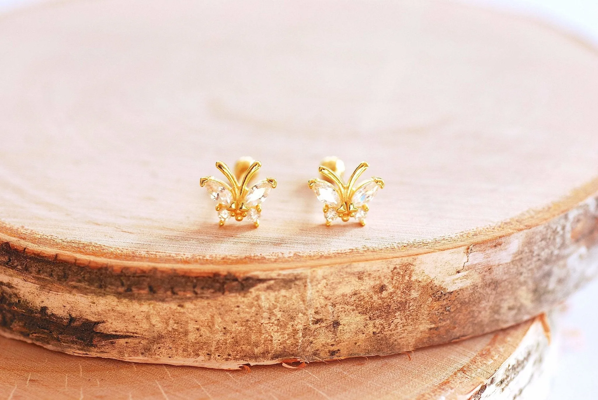 Wholesale 1 pair or Single Stud Gold Butterfly Stud Earrings - Vermeil Gold 925 Sterling Silver CZ Butterfly Stud earrings ball Backing Minimalist